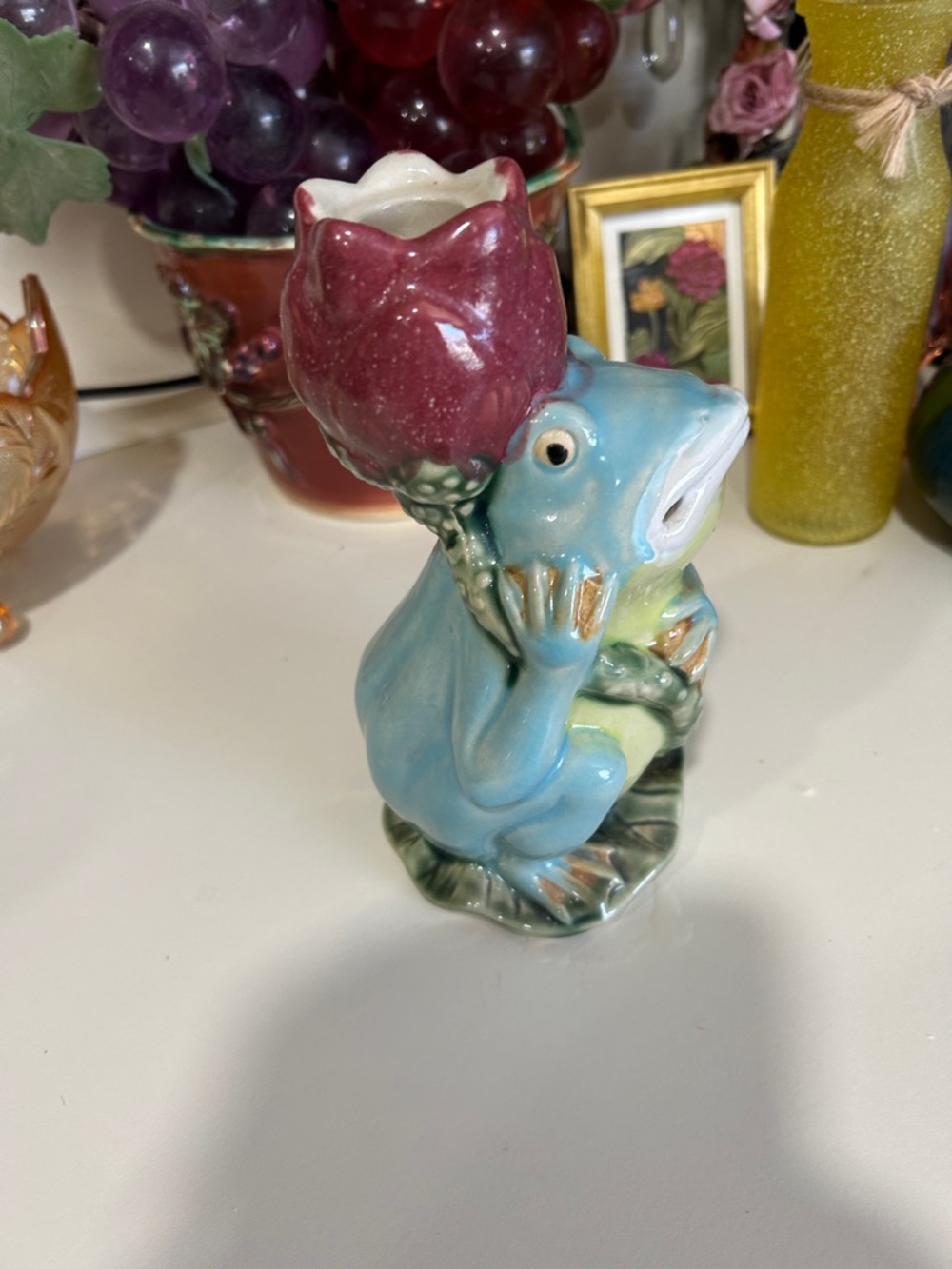 Blue Frog Figurine with Red Tulip holds a tapered candle - Decorative Accent - Picture 7 of 8